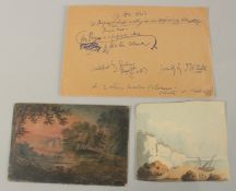 Circle of William Payne, study of a village church at sunset, watercolour, 3.25