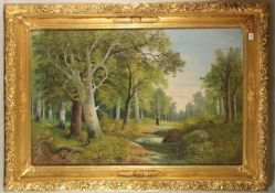 A. CLAMET. Circa. 1920. CONTINENTAL, A WOODLAND LANDSCAPE with a woman beside a stream, in a