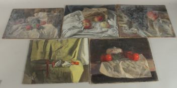 GEORGE WEISSBORT (1928 - 2013). Still Life. Apples on a white cloth. Unframed, canvas on board.