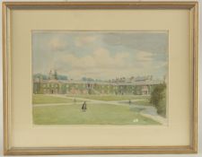 ALLAN. Haileybury School with a master and pupils in the grounds, watercolour. Signed. 7.5