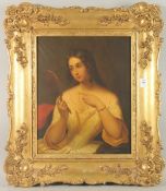 EARLY VICTORIAN SCHOOL. Portrait half length of a young lady holding a hand mirror. Metal panel 16.