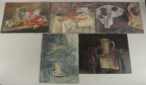 GEORGE WEISSBORT (1928 - 2013). A pewter tankard, apple and grapes. Unframed, canvas on board. 12