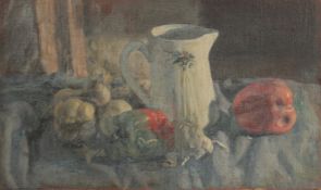 GEORGE WEISSBORT (1928 - 2013). Still Life. A jug, garlic and aubergine. Unframed, canvas on