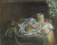 GEORGE WEISSBORT (1928 - 2013). Still Life. A pie, tomato and vase. Unframed, canvas on board. 14