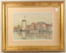 P. Harrison, Circa 1975, figures and barges by a quay with a windmill, watercolour, signed, 10