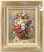 ENGLISH SCHOOL. Still life of a bowl of flowers, oil on board. Signed. 9.5