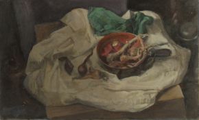 GEORGE WEISSBORT (1928 - 2013). Still Life. A pan of garlic and onions on a white cloth. Unframed,