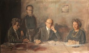 GEORGE WEISSBORT (1928 - 2013). A family portrait seated around a table. Unframed, oil on canvas,