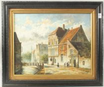 L. ROTH. Dutch street scene with figures. Signed, oil on board. 15