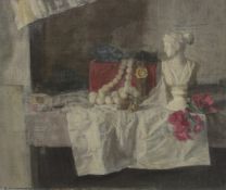 GEORGE WEISSBORT (1928 - 2013). Still Life. A bust, pearls and case on a white cloth. Unframed,