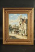 L. DUMONT. Dutch street scene with figures. Signed. Oil on panel. 16