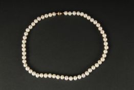 A CULTURED PEARL STRUNG NECKLACE with a 9ct yellow gold ball clasp.