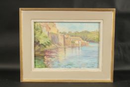 GLADYS DENHAM JONES. River scene, buildings to the waters edge. Oil on board. 9.5