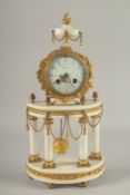 A GOOD LOUIS XVI STYLE WHITE MARBLE DRUM CLOCK, TUSCAN BEURDON, striking on a single bell, the
