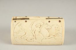 A CARVED BONE SNUFF BOX. 9cms long.