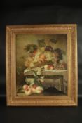 W. COOPER. Fruit, grapes and peaches with vine leaves and basket. Signed. Oil on panel. 24