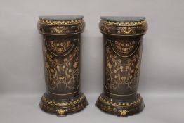 A PAIR OF MARBLE TOP HALF-MOON SHAPED INLAID COLUMNS with single drawer, one inlaid with flowers.
