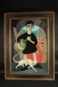E. M. Gilbey, Circa 1954, figure holding a carafe of wine standing by a cat in an archway with a