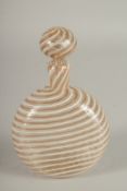 A VENINI GLASS FLASK WITH STOPPER, decorated with swirling bands of gold and opaque white. 15cms