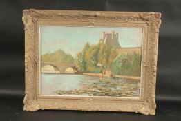 20TH CENTURY ENGLISH SCHOOL. River scene with double arched bridge. Oil on canvas. 14