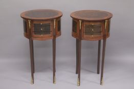 A PAIR OF LOUIS XVITH STYLE INLAID OVAL BEDSIDE CUPBOARDS with three drawers. 27ins high x 15.5ins