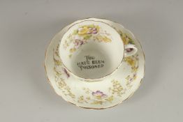 AN AMUSING FLORAL CUP AND SAUCER, painted to the bottom of the cup 