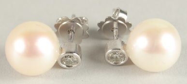 A PAIR OF 18CT WHITE GOLD, DIAMOND AND PEARL EAR STUDS.