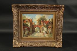 ROBERTO. Dutch street scene with archway and figures. Signed. Oil on panel. 8