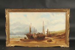 Attributed to Ralph Reuben Stubbs, fishermen maintaining their boats, oil on canvas, 13.5