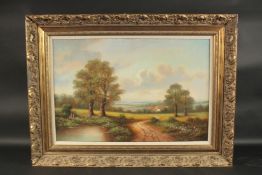 DAVID RONDEO. English landscape with pond and lane leading to a cottage. Signed. Oil on canvas.