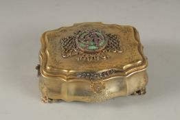 A SUPERB RUSSIAN SILVER GILT AND DIAMOND SET CASKET. 4.5ins x 3.5ins. Marks Head 84. H. W. Faberge.