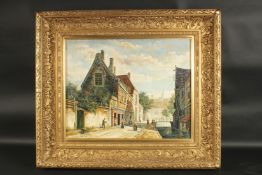 L. ROTH. A large Dutch street scene with canal and figures. Signed. Oil on panel. 16