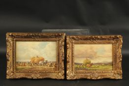 KLEIN. A small pair of harvesting scenes with horse drawn hay carts. Signed. Oil on copper panel.