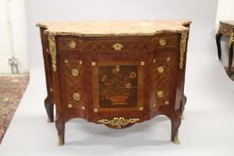 A SUPERB 18TH CENTURY FRENCH MARBLE TOP KINGWOOD COMMODE, stamped SORMANI, PARIS, the shaped front