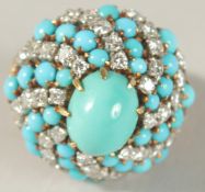 AN 18CT YELLOW GOLD, TURQUOISE AND DIAMOND RING.