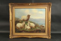 J. S. FOX. Sheep on a hillside overlooking a lake, hills in the distance. Signed. Oil on canvas. 16
