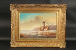 J. J. BOND. Dutch winter landscape with figures and windmill. Signed. oil on panel. 10