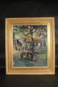 T. BROWN. Tractor and driver in a farmyard. Signed. Oil on board. 21