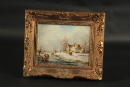 DUTCH SCHOOL - KLEIN. Winter landscape, figures skating. Signed. Copper panel. 5.5