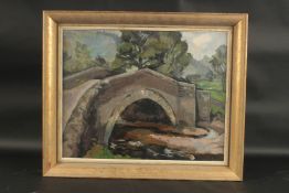 20TH CENTURY ENGLISH SCHOOL. Wooded river scene with arched stone bridge. Oil on canvas. 15