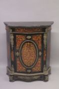 A BOULLE INLAID CUPBOARD of serpentine shape, with single drawer and marble legs. 39ins high x 34ins