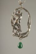 A SILVER NOUVEAU GIRL NECKLACE AND JADE DROPS.
