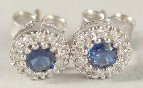 A PAIR OF 18CT WHITE GOLD, SAPPHIRE AND DIAMOND STUD EARRINGS.