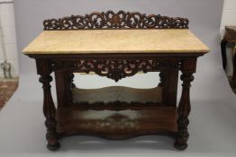 A VERY GOOD MID 19TH CENTURY CONTINENTAL MARBLE TOP CONSOLE TABLE, standing on a mahogany frame with