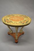 A GOOD REGENCY DESIGN FAUX MARBLE TOP CENTRE TABLE, decorated in coloured marbles, on three