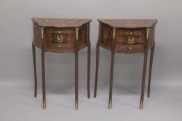 A PAIR OF LOUIS XVITH STYLE INLAID SERPENTINE BEDSIDE CUPBOARDS with three drawers. 27ins high x