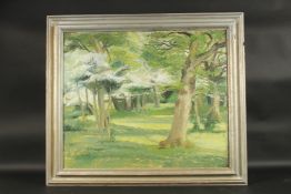 VERA BROOKMAN. Oak and may trees, Dorset. Signed on reverse. Oil on board. 20