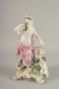 A GOOD 19TH CENTURY MEISSEN PORCELAIN CLASSICAL FEMALE FIGURE standing beside a pillar with a