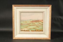 R. MERSON HUGHES. Peaceful English landscape, across the fields. Signed. Oil on board. 7