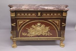 A GOOD LARGE LOUIS XVTH STYLE BRONZE MOUNTED COMMODE with marble top, two small drawers, a pair of